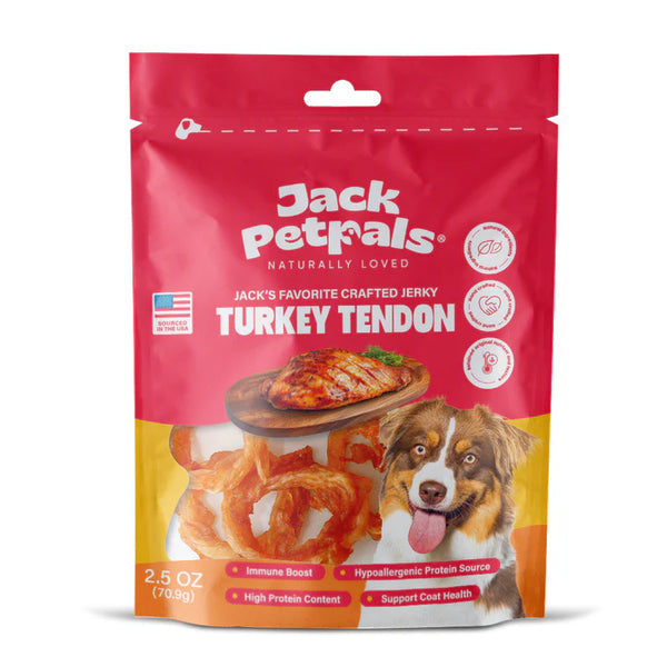 Jack PetPals Jack’s Favorite Crafted Jerky Turkey Tendon Palatable Hypoallergenic High Protein Handcrafted Long Lasting Chew Turkey Tendon