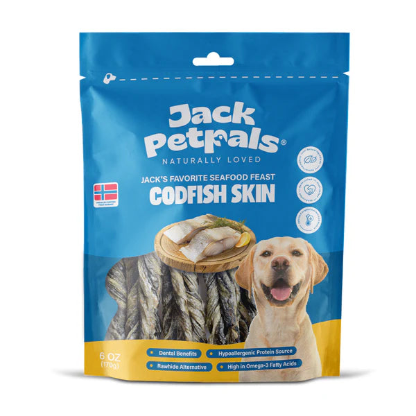 Jack PetPals Jack’s Favorite Seafood Feast Codfish Skin Palatable Hypoallergenic High Protein Handcrafted Rawhide Alternative Codfish Skin Treats